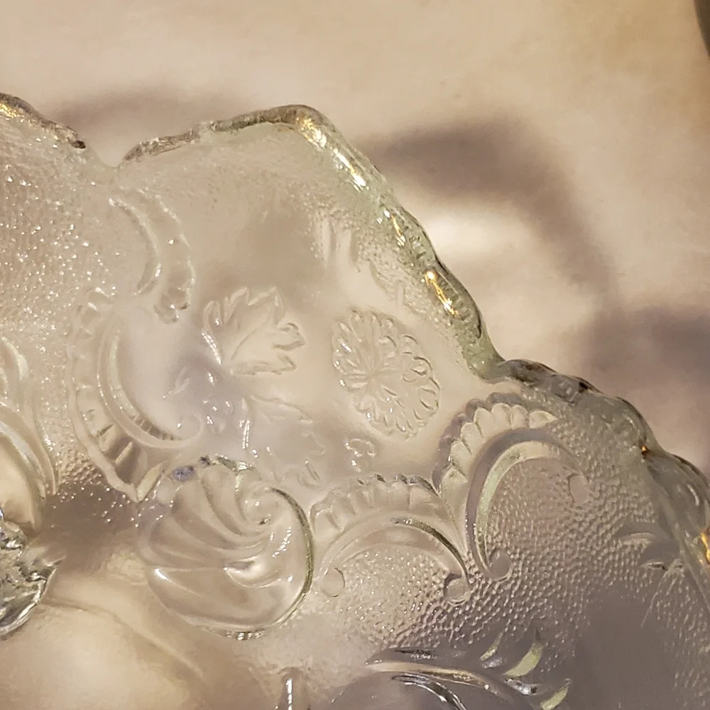 Etched glass footed oval serving bowl with gold trim